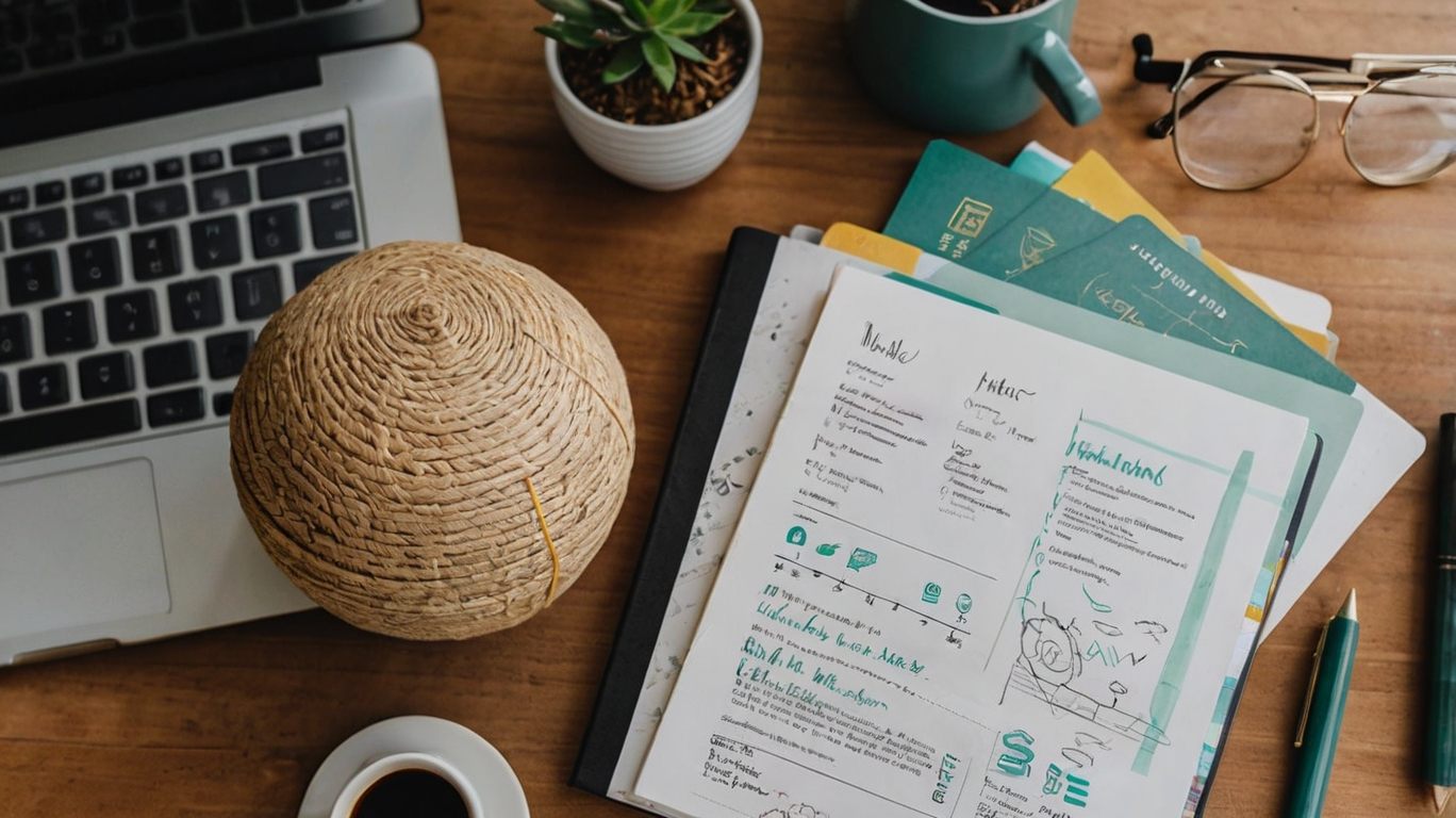 A creative, inspirational flat-lay or illustration of a purpose-driven entrepreneur’s workspace.