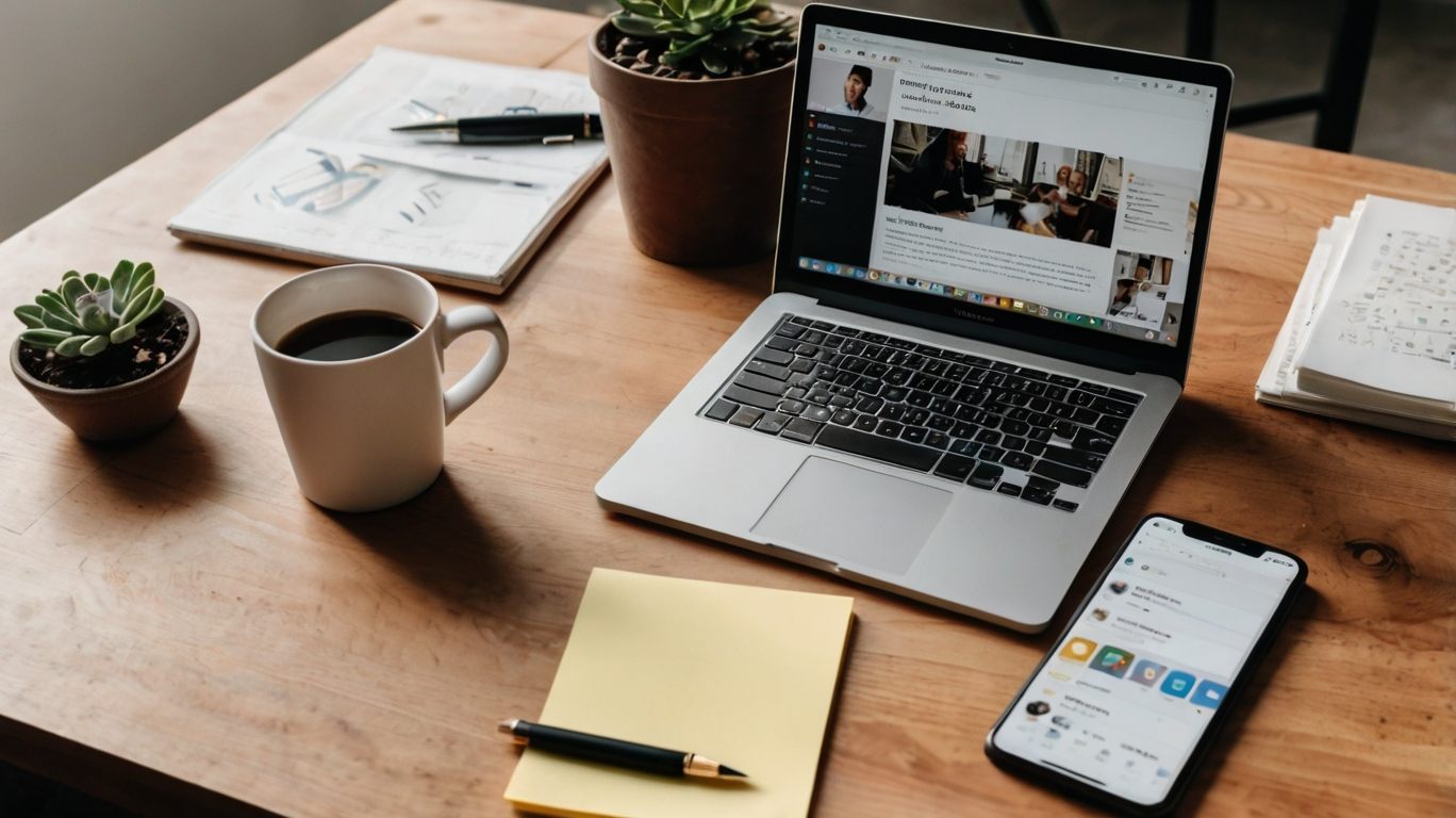 A clean, modern flat-lay image of a workspace that includes a laptop, a smartphone, sticky notes, and a cup of coffee—all on a wooden desk.