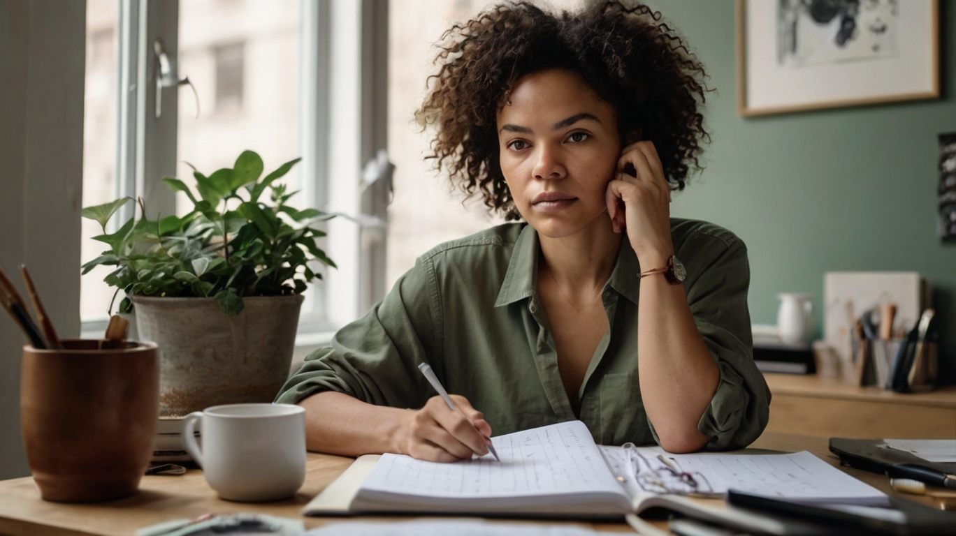 A calm, focused woman sitting at a desk with a journal open, surrounded by soft natural light.