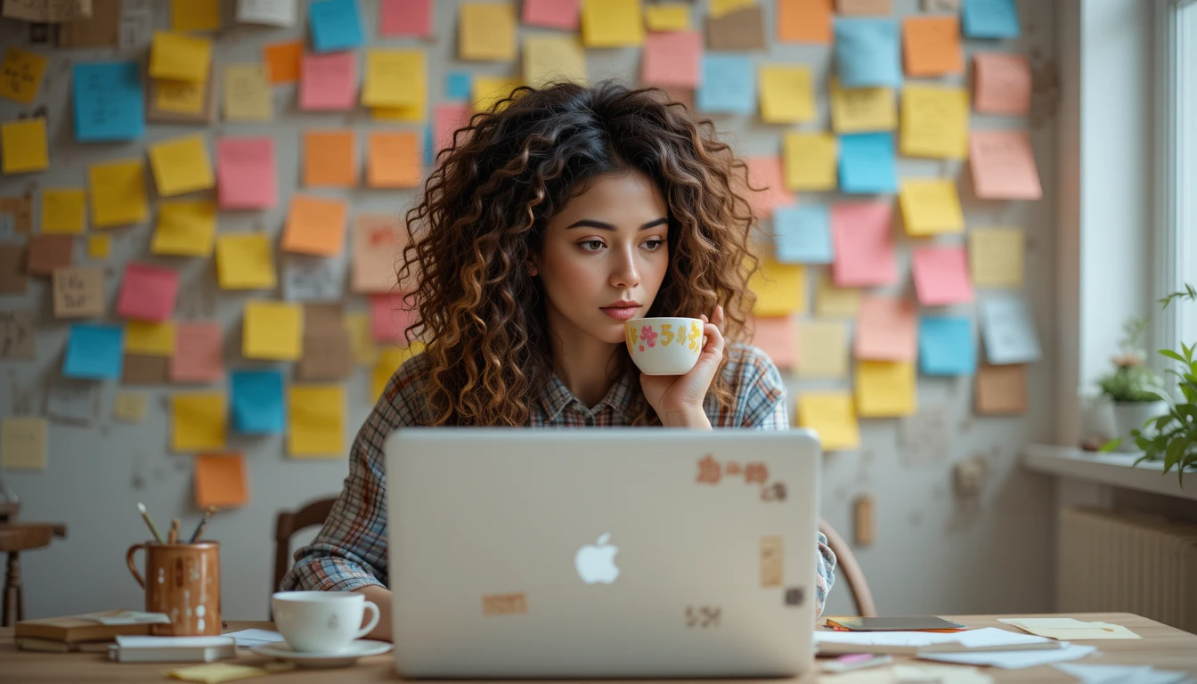 A woman surrounded by sticky notes, staring at her laptop