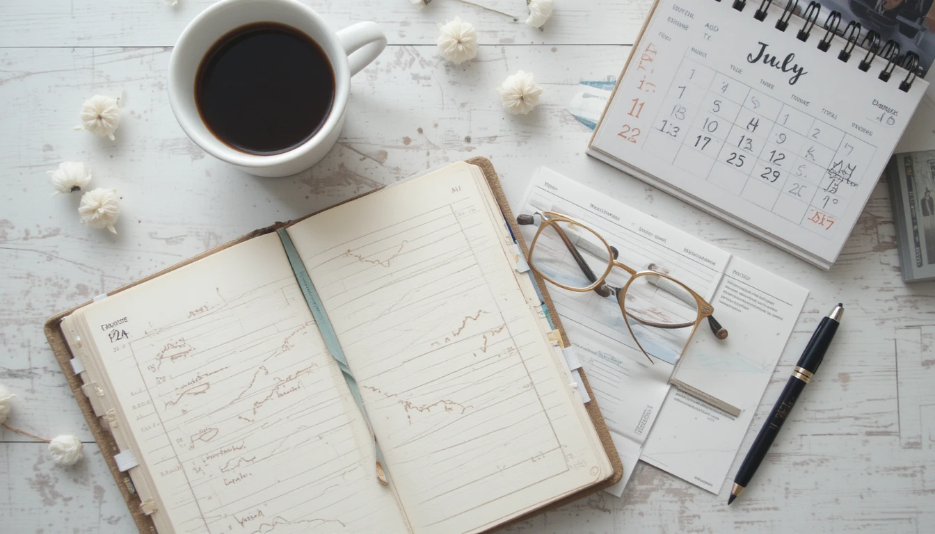 A peaceful desktop scene with a journal, pen, coffee, and a calendar open to July.