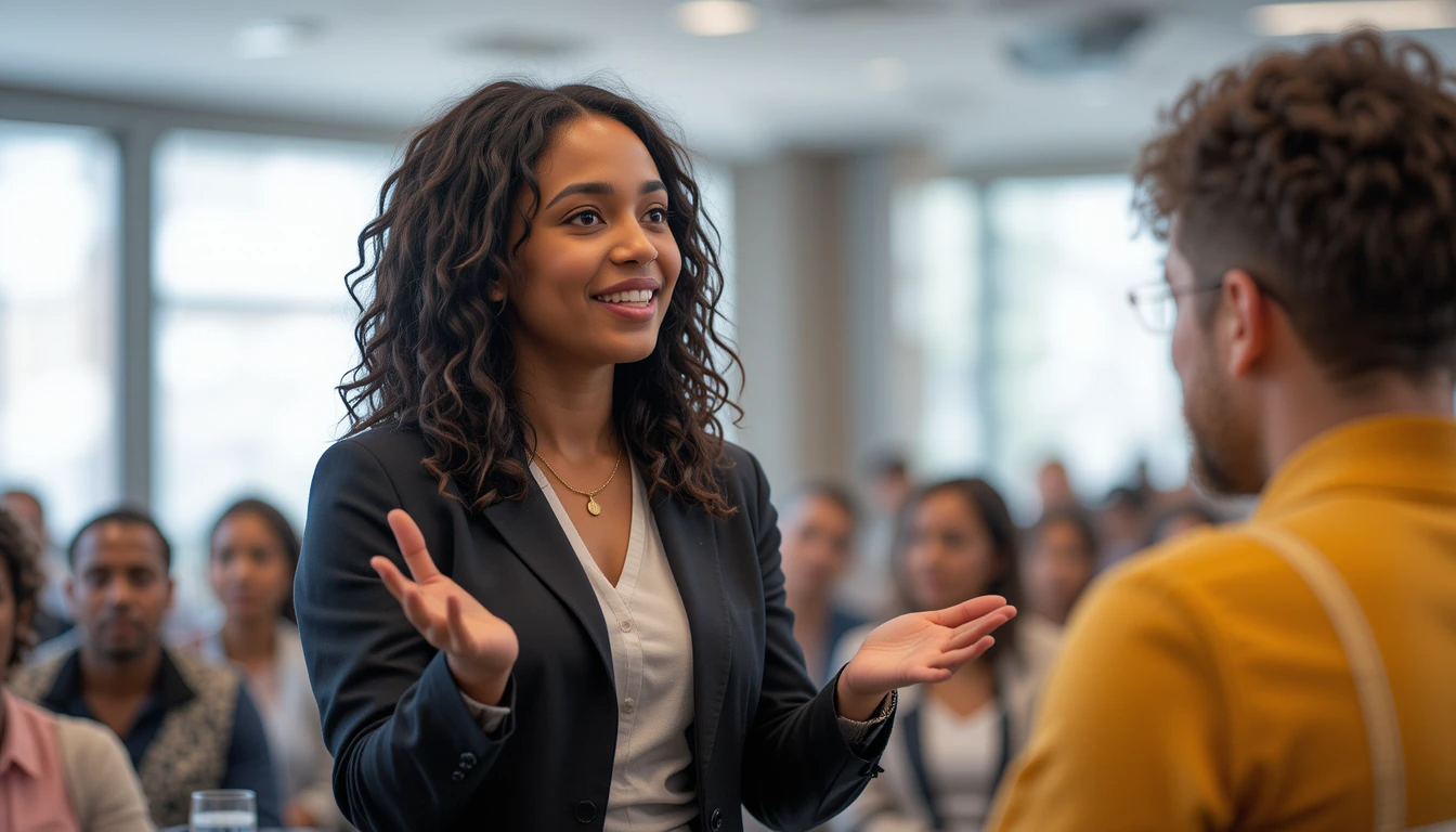 A candid shot of a diverse leader speaking to an engaged audience or mentoring someone one-on-one.