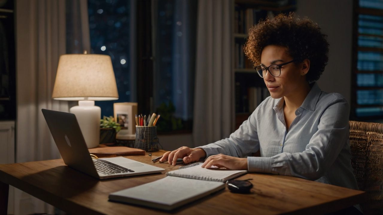 A confident professional working on a laptop at night in a cozy home setting business books, planner, and a coffee mug nearby