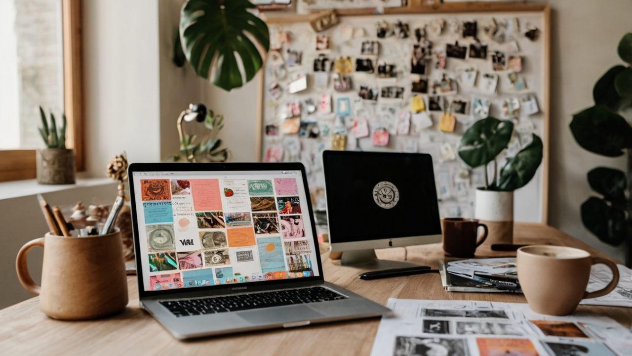 A vibrant workspace with a vision board, money symbols, and someone confidently working on a laptop with a cup of coffee.